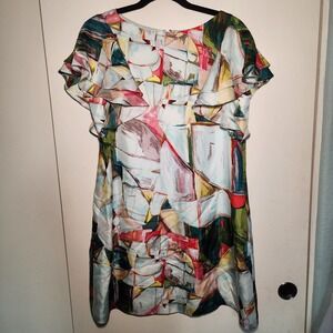 Ali Ro Silk Shift Dress Womens 12 Multicolor Excellent Ruffle Flutter Sleeve Art